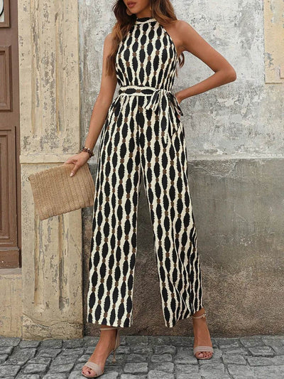 Tied Printed Grecian Neck Jumpsuit - Ebony's Shopping