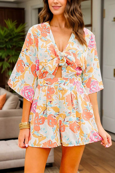 Tied Printed Half Sleeve Romper - Ebony's Shopping