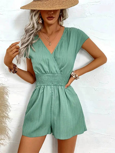 Tied Surplice Short Sleeve Romper - Ebony's Shopping