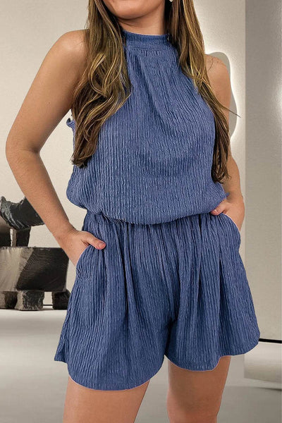 Tied Textured Pocketed Sleeveless Romper - Ebony's Shopping