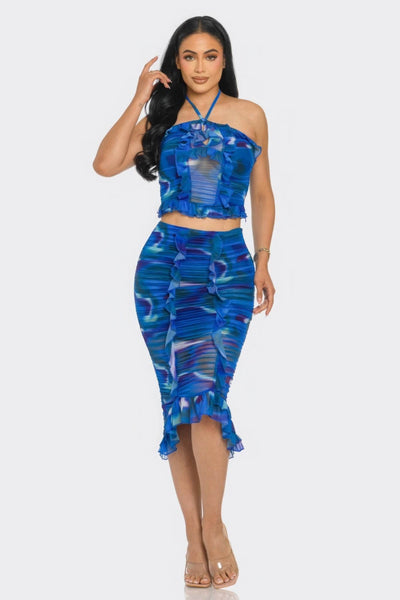 Tropical Waters Print Mesh Ruffle Halter Skirt Set - Ebony's Shopping