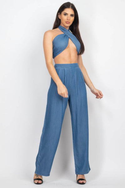 Tube Tied Top & Wide Pants Set - Ebony's Shopping