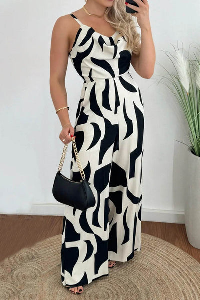 Two-Tone Spaghetti Strap Wide Leg Jumpsuit - Ebony's Shopping