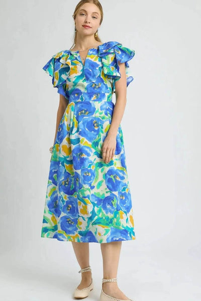 Umgee Floral Ruffled Cap Sleeve Midi Dress - Ebony's Shopping