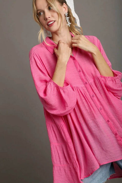 Umgee Full Size High Low Hem Back Tiered Button Down Shirt Plus Size - Ebony's Shopping