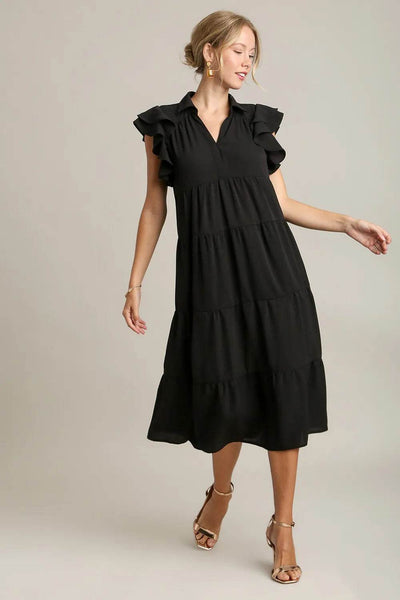 Umgee Full Size Johnny Collar Ruffle Cap Sleeve Tiered Dress Plus Size - Ebony's Shopping