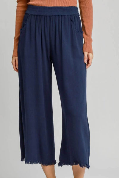 Umgee Full Size Linen Blend Elastic Waistband Wide Leg Pants Plus Size - Ebony's Shopping