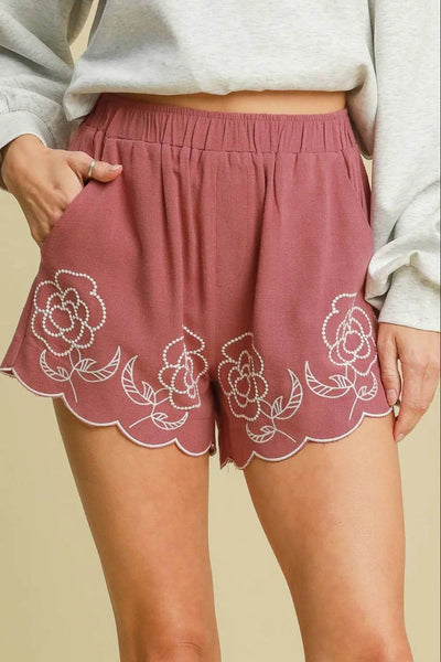 Umgee Full Size Linen Blend Shorts with Floral Embroidered Details Plus Size - Ebony's Shopping