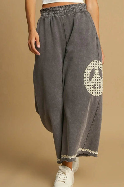 Umgee Full Size Peace Lace Applique Mineral Wash Wide Leg Pants Plus Size - Ebony's Shopping