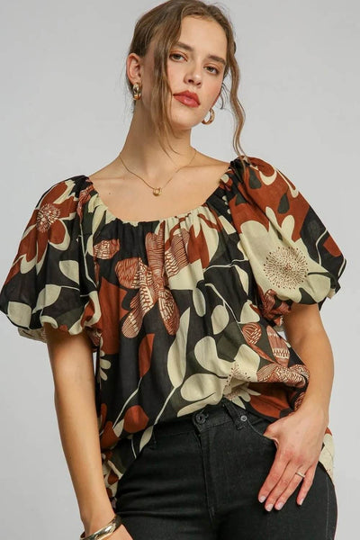 Umgee Full Size Print Round Neck Puff Sleeve Top Plus Size - Ebony's Shopping