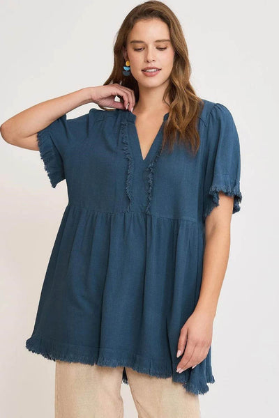 Umgee Full Size Raw Hem Notched Babydoll Linen Blouse Plus Size - Ebony's Shopping