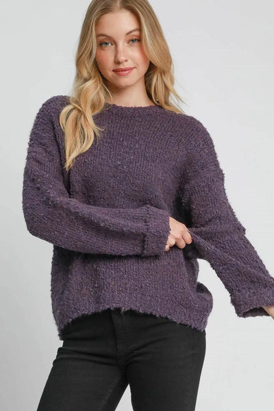 Umgee Full Size Round Neck Long Sleeve Boucle Sweater Plus Size - Ebony's Shopping