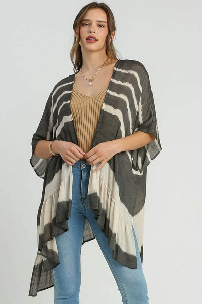 Umgee Full Size Tie Dye Back String Tie Open Front Kimono Sleeve Cover Up Plus Size - Ebony's Shopping