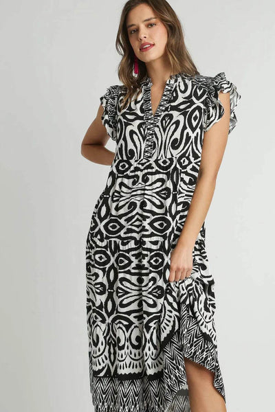 Umgee Full Size Two Tone Border Print Ruffle Cap Sleeve Midi Dress Plus Size - Ebony's Shopping
