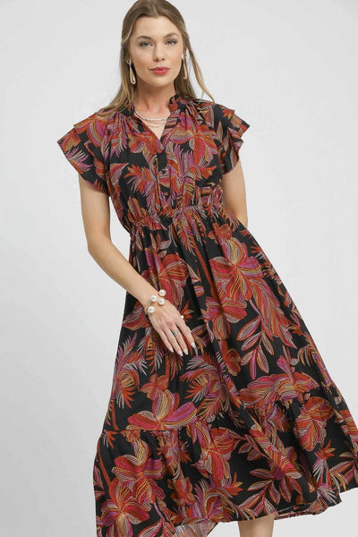 Umgee Mix Ruffle Sleeve Tropical Midi Dress - Ebony's Shopping