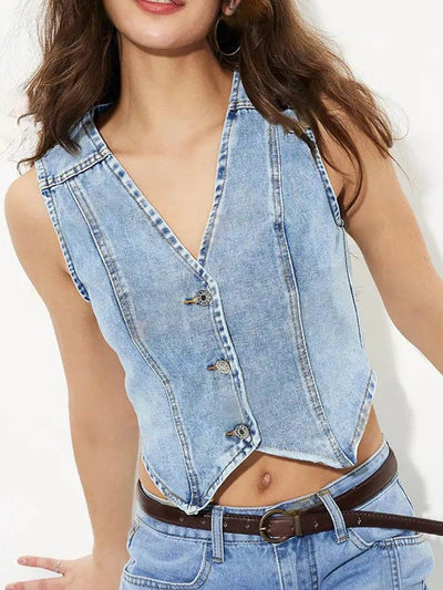 V-Neck Button Up Denim Vest - Ebony's Shopping