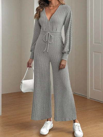 V-Neck Long Sleeve Wide Leg Jumpsuit - Ebony's Shopping
