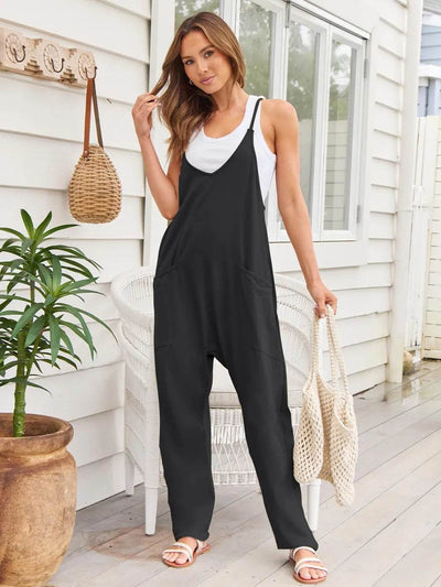 V-Neck Spaghetti Strap Jumpsuit - Ebony's Shopping