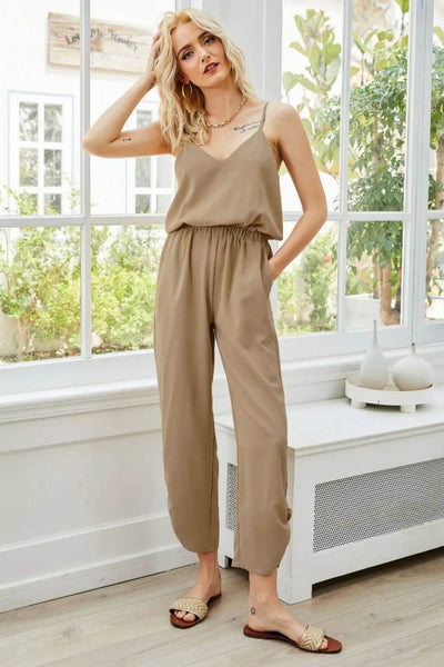 V-Neck Spaghetti Strap Sleeveless Jumpsuit - Ebony's Shopping