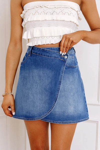 Wrapped Crossed Waist Denim Mini Skirt - Ebony's Shopping