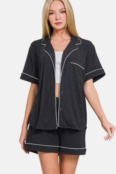 Zenana Button Down Short Sleeve Top and Shorts Lounge Set - Ebony's Shopping