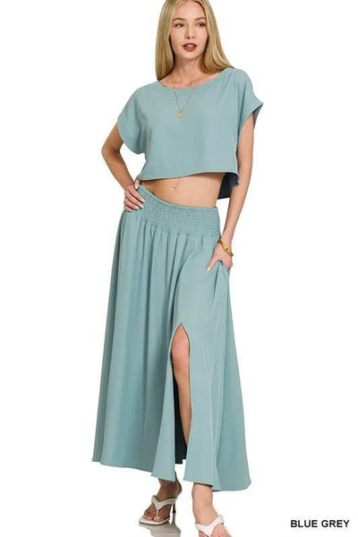 Zenana Heavy Woven Span Crop Tee & Skirt Set - Ebony's Shopping