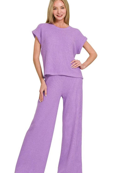 Zenana Rolled Sleeve Top and Pants Sweater Set - Ebony's Shopping
