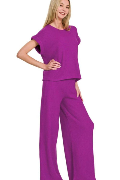 Zenana Rolled Sleeve Top and Pants Sweater Set - Ebony's Shopping