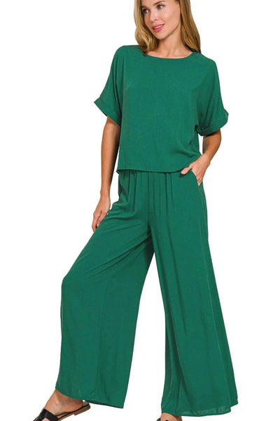 Zenana Round Neck T-Shirt and Wide Leg Pants Set - Ebony's Shopping