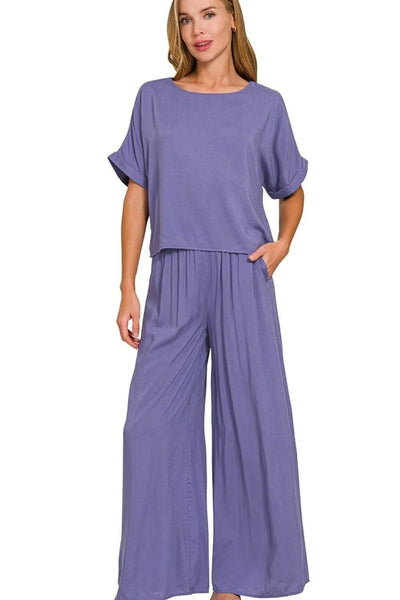 Zenana Round Neck T-Shirt and Wide Leg Pants Set - Ebony's Shopping