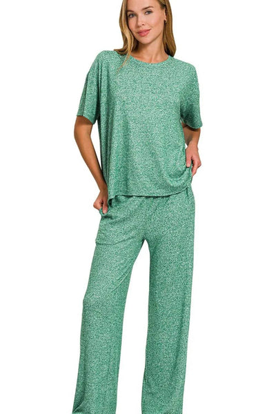 Zenana Soft Melange Short Sleeve Tee & Long Pants Set - Ebony's Shopping