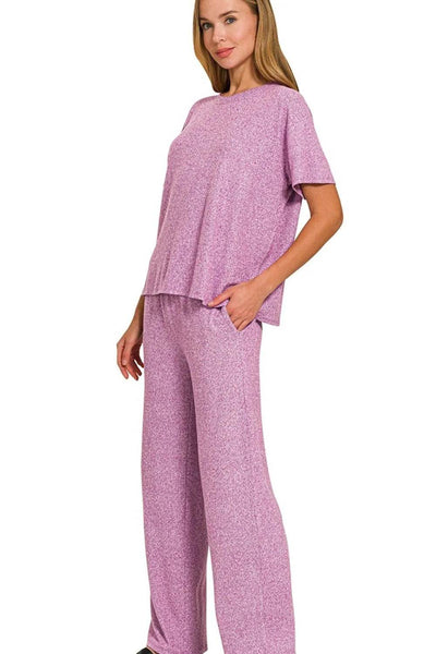 Zenana Soft Melange Short Sleeve Tee & Long Pants Set - Ebony's Shopping