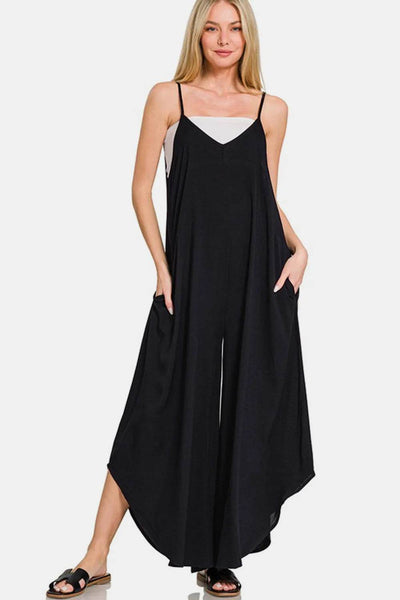 Zenana Spaghetti Strap Wide Leg Overalls with Pockets - Ebony's Shopping