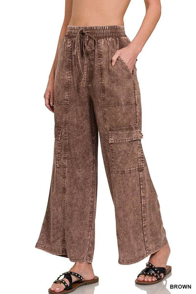 Zenana Washed Linen Elastic Band Waist Cargo Pants - Ebony's Shopping