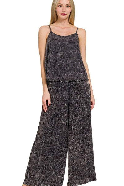 Zenana Woven Acid Crinkle Washed Cami & Pants 2 Piece Set - Ebony's Shopping