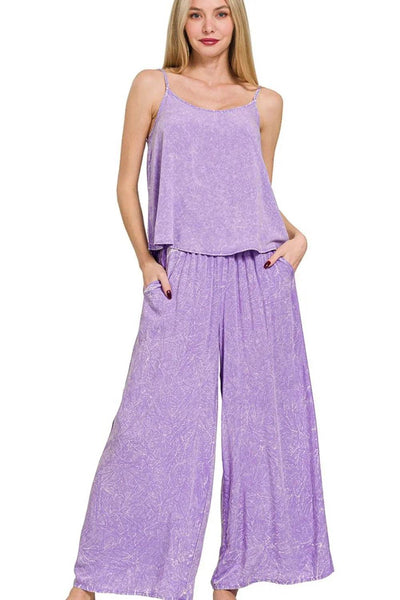 Zenana Woven Acid Crinkle Washed Cami & Pants 2 Piece Set - Ebony's Shopping