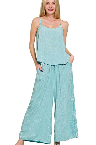 Zenana Woven Acid Crinkle Washed Cami & Pants 2 Piece Set - Ebony's Shopping