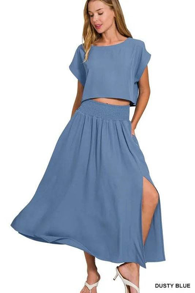 Zenana Woven Crinkle Gauze Crop Tee and Skirt Set - Ebony's Shopping