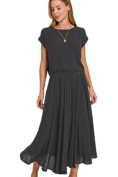 Zenana Woven Crinkle Gauze Crop Tee and Skirt Set - Ebony's Shopping