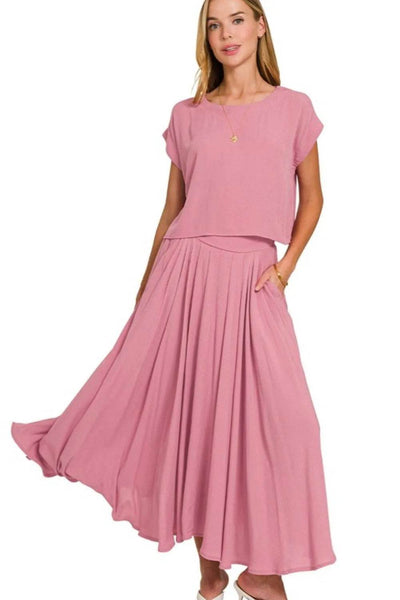 Zenana Woven Crinkle Gauze Crop Tee and Skirt Set - Ebony's Shopping