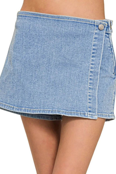 Zenana Wrap Front Skort Denim Shorts - Ebony's Shopping